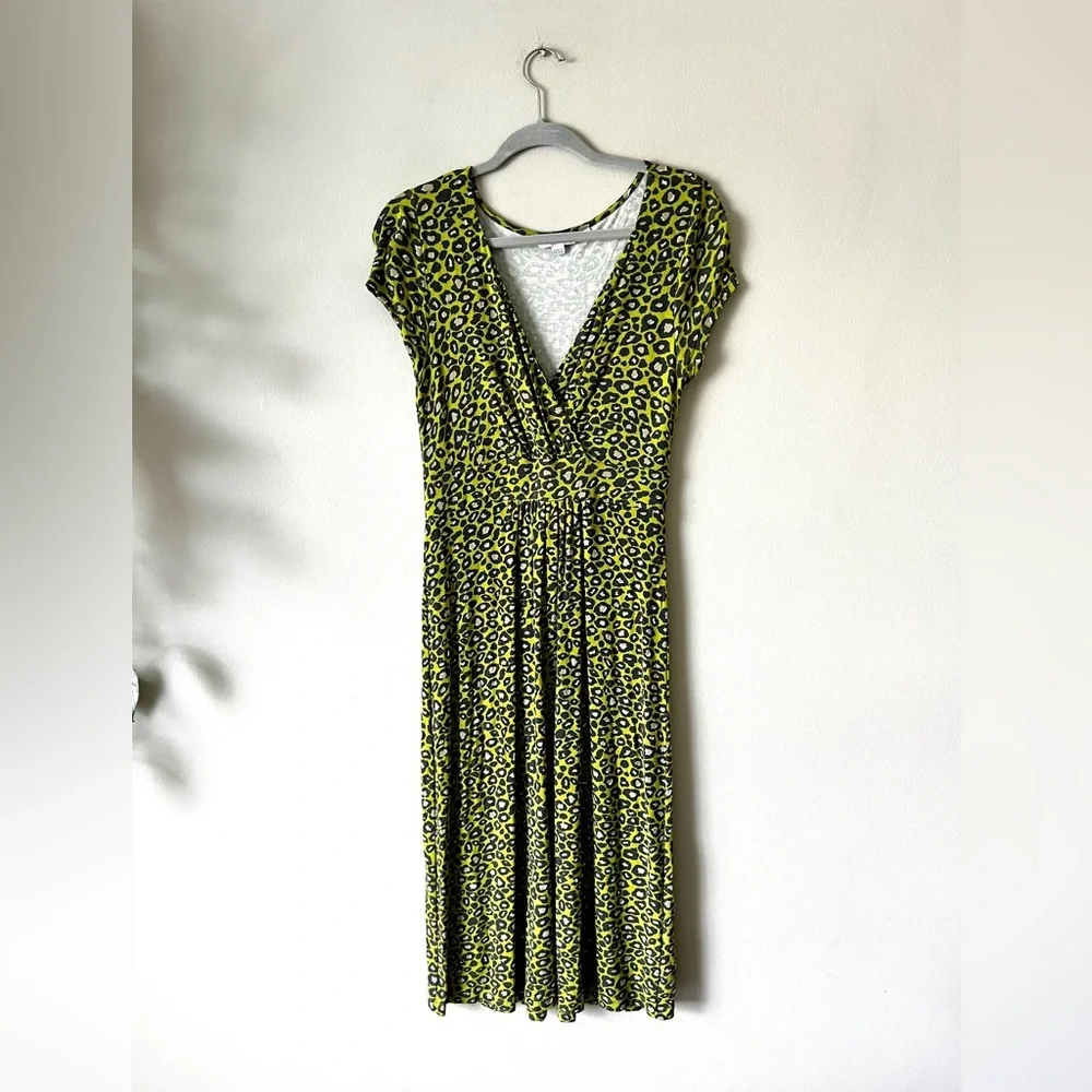 Boden Lime Green Black Leopard Print Midi Dress